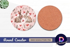 Watercolor rabbits with hearts round coaster png Product Image 1