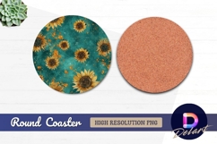Sunflowers on teal abstract Round Coaster PNG Product Image 1