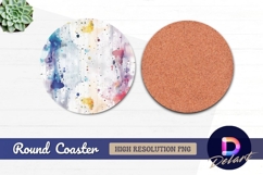 Colorful watercolor splatter on wooden Round Coaster PNG Product Image 1