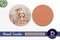 Girl with pink bow in flower field Round Coaster PNG Product Image 1