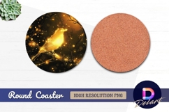 Golden bird perched on branch Round Coaster PNG Product Image 1