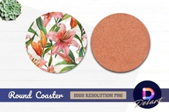 Pink lily floral watercolor Round Coaster PNG Product Image 1