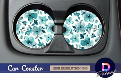 Teal watercolor floral pattern Round Car Coaster PNG Product Image 1