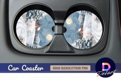 Winter landscape with cabin snowman Round Car Coaster PNG Product Image 1