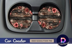 Floral pattern on rustic wood Round Car Coaster PNG Product Image 1