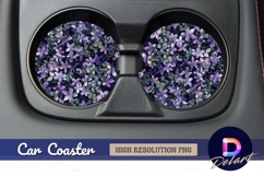 Purple flowers and green leaves Round Car Coaster PNG Product Image 1