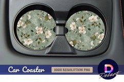 Floral green background Round Car Coaster PNG Product Image 1