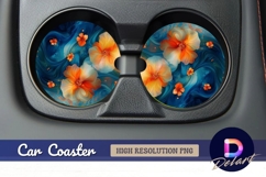 Elegant orange flowers on blue fluid Round Car Coaster PNG Product Image 1