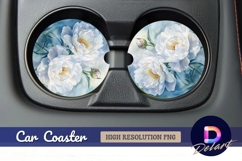 Watercolor white peonies with bud Round Car Coaster PNG Product Image 1