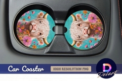 Highland cow and flowers Round Car Coaster PNG Product Image 1