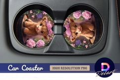 Cute highland calf wearing flower Round Car Coaster PNG Product Image 1