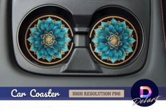 Teal and gold ornamental floral Round Car Coaster PNG Product Image 1