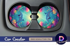 Dolphin in ocean with jellyfish art Round Car Coaster PNG Product Image 1