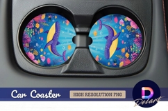 Whimsical whale and fish undersea Round Car Coaster PNG Product Image 1