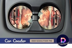 Red classic car coaster beach sunset Round Car Coaster PNG Product Image 1