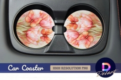 Watercolor tulips and butterflies Round Car Coaster PNG Product Image 1