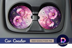 Watercolor pink flowers and butterfly Round Car Coaster PNG Product Image 1