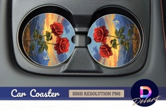 Red roses mountain sunset Round Car Coaster PNG Product Image 1