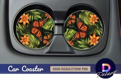 Monarch butterflies tropical leaves Round Car Coaster PNG Product Image 1