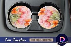 Watercolor tulips and butterflies Round Car Coaster PNG Product Image 1