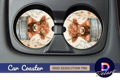 Watercolor highland cow in bucket Round Car Coaster PNG Product Image 1