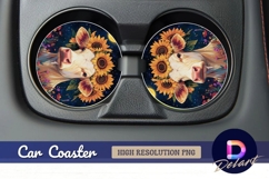 Cow with sunflower wreath Round Car Coaster PNG Product Image 1