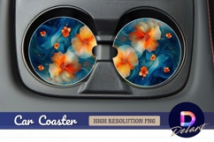 Orange flowers on blue water Round Car Coaster PNG Product Image 1