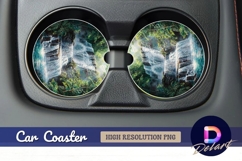 Lush tropical waterfall landscape Round Car Coaster PNG Product Image 1