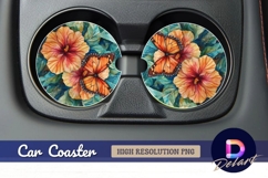 Watercolor butterfly on hibiscus Round Car Coaster PNG Product Image 1