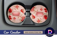 Strawberry milkshake on pink floral Round Car Coaster PNG Product Image 1