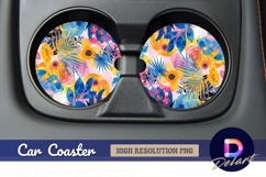 Bright tropical leaves and flowers Round Car Coaster PNG Product Image 1