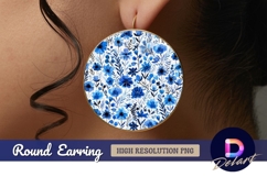 Blue floral watercolor pattern Round Earring PNG Product Image 1