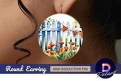 Watercolor fence garden flowers round earring png Product Image 1