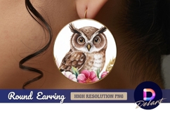 Watercolor owl with flowers Round Earring PNG Product Image 1