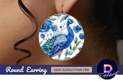 Watercolor peacock with blue floral Round Earring PNG Design Product Image 1