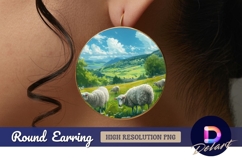Sheep grazing green meadow Round Earring PNG Product Image 1