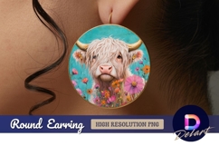 Highland cow with flowers Round Earring PNG Product Image 1