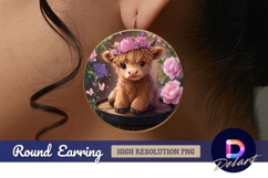 Cute highland cow calf with flower Round Earring PNG Product Image 1