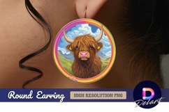 Highland cow portrait with rainbow frame Round Earring PNG Product Image 1