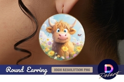 Cartoon highland cow in a flower Round Earring PNG Product Image 1