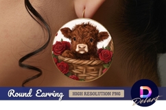 Highland calf in basket with red roses Round Earring PNG Product Image 1