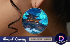 Asian temple sea night Round Earring PNG Product Image 1