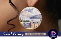Watercolour village scene with mountain Round earring png Product Image 1