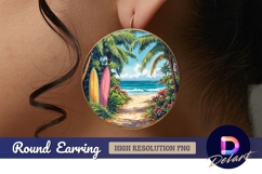 Tropical beach with surfboards and palm Round Earring PNG Product Image 1