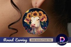 Cow with sunflowers under moonlit Round Earring PNG Product Image 1