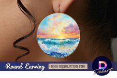 Watercolor ocean waves with sunset Round Earring PNG Product Image 1