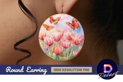 Tulips and butterflies watercolor floral Round Earring PNG Product Image 1