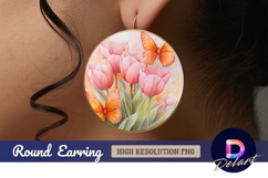 Watercolor tulips with butterflies Round Earring PNG Product Image 1