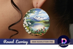 Mountain lake floral bloom oil painting Round Earring PNG Product Image 1