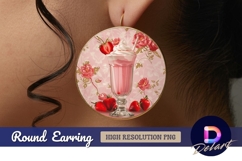 Strawberry milkshake on pink floral Round Earring PNG Product Image 1